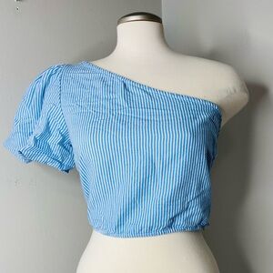 VENUS Light Blue and White One-Shoulder Striped Crop Top